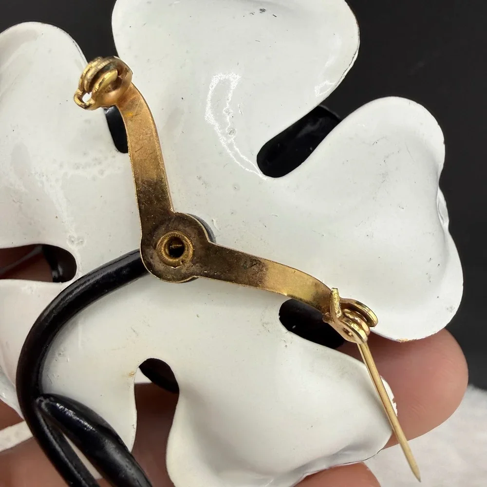Vintage Enamel Flower Brooch Black White Layered Floral Pin  Mod Pop Art